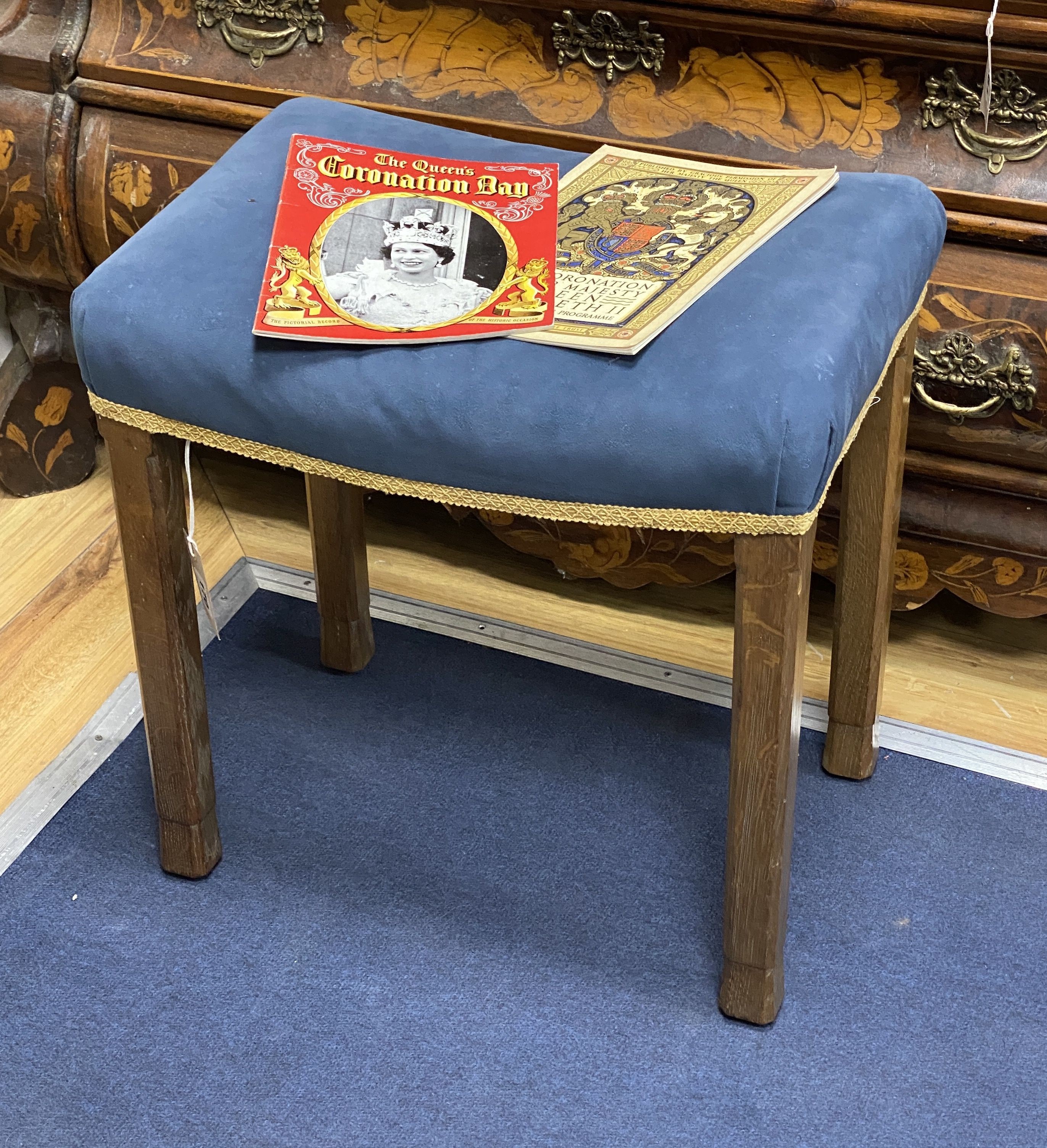 An Elizabeth II oak Coronation stool and related ephemera, width 47cm, depth 31cm, height 48cm